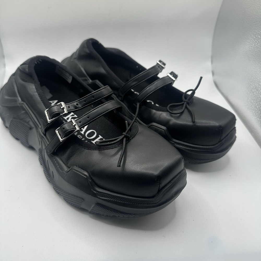 AKIKOAOKI Demi Platform Loafer Strappy Black Faux Leather 7 Womens School Girl